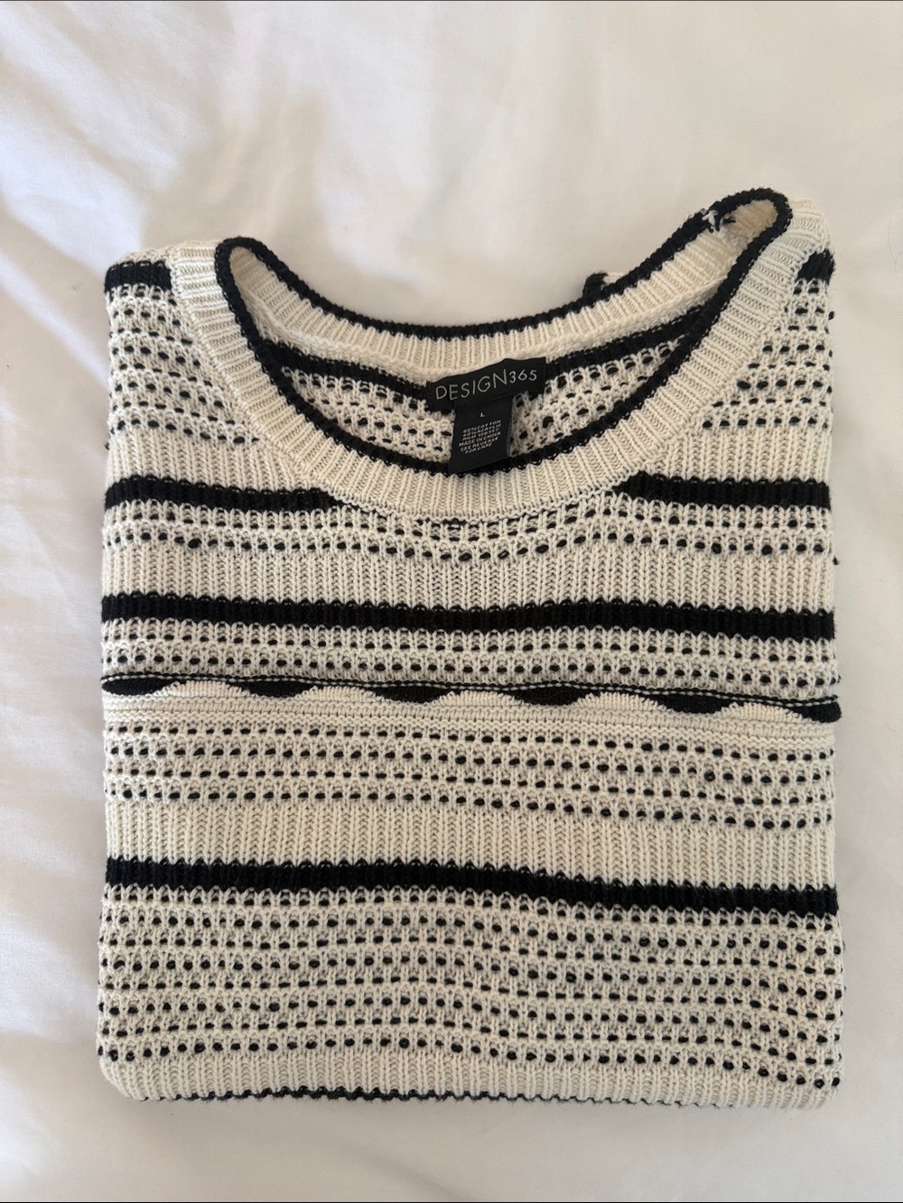 Design365 flutter sleeve Cream and Black Striped Open-Knit Crew Sweater - Picture 6 of 7
